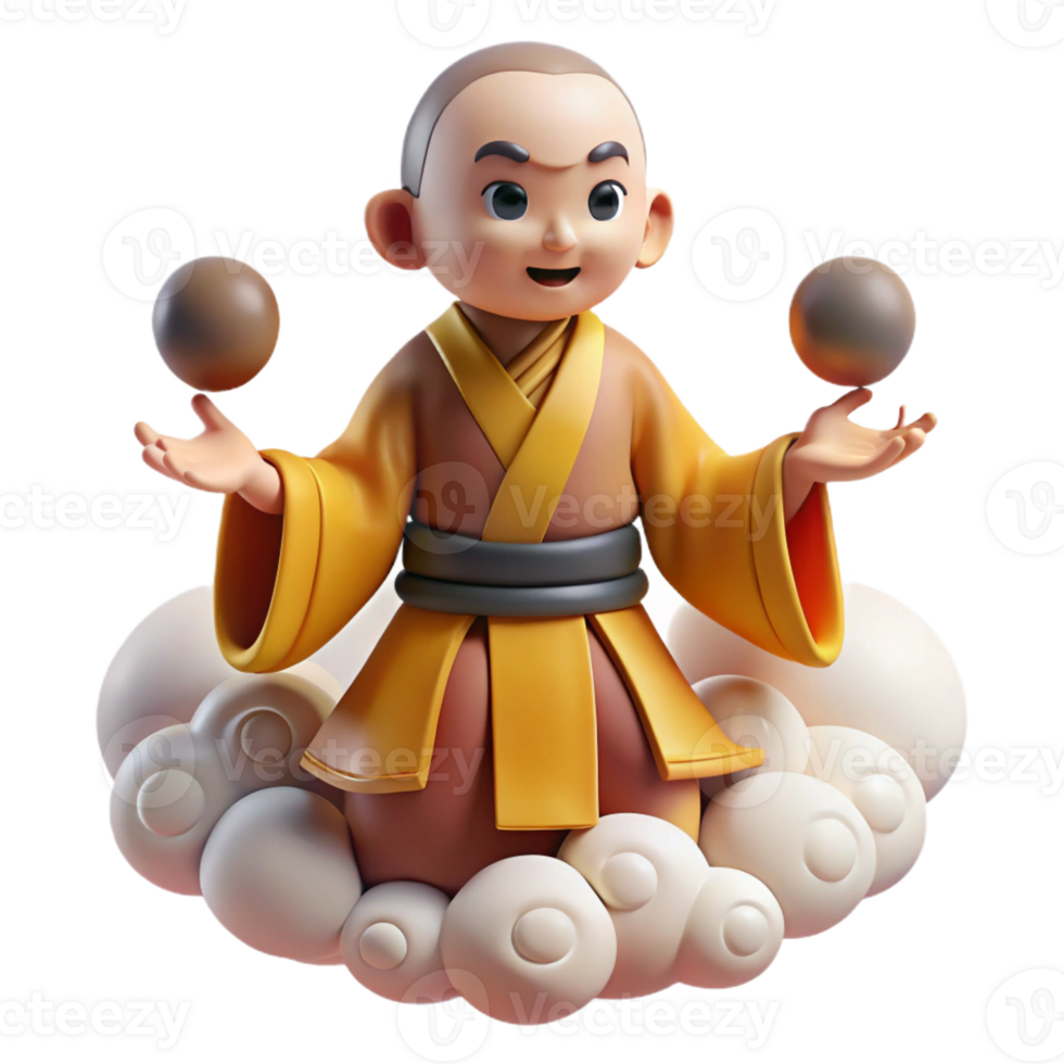 vibrant modern 3D Cartoon Monk on Clouds Juggling Balls authentic png