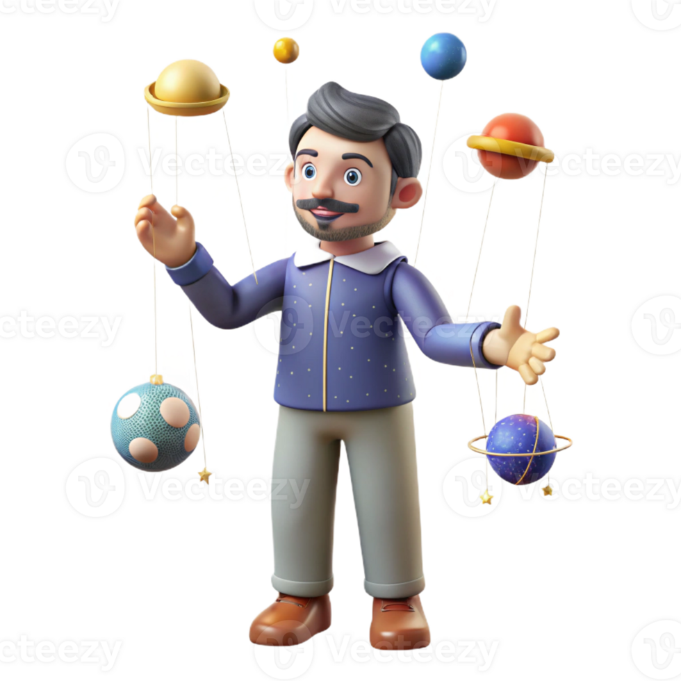 wonderful traditional 3D Cartoon Scientist with Planets Illustration detailed png