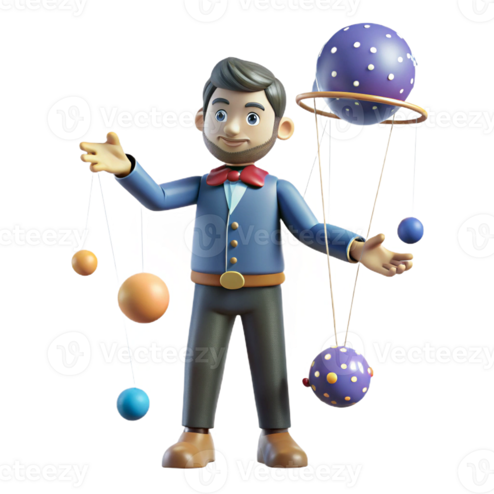 wonderful traditional 3D Cartoon Man with Solar System Mobile detailed png