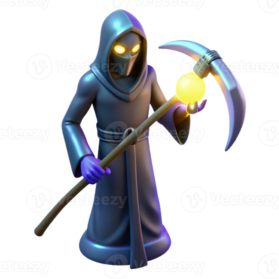 vibrant modern 3D Render Grim Reaper with Scythe and Orb 4K png