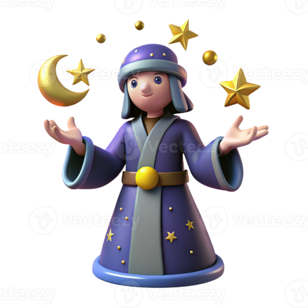 magnificent contemporary 3D Cartoon Wizard Juggling Stars Moon original png