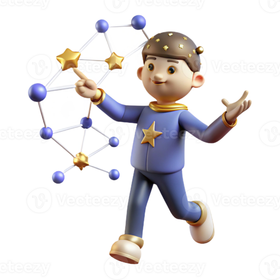 elegant artistic 3D Cartoon Boy Exploring Molecular Structure authentic png