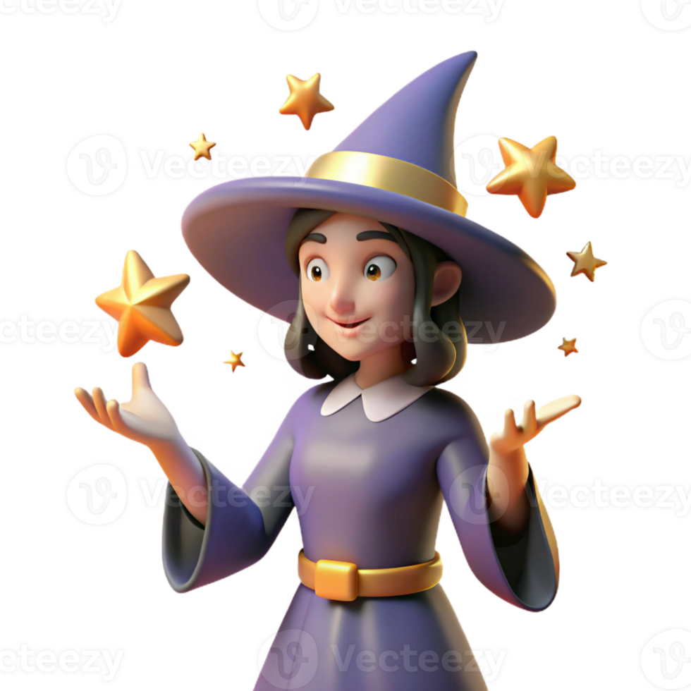 serene minimalist Cute 3D Witch Illustration with Stars 4K png