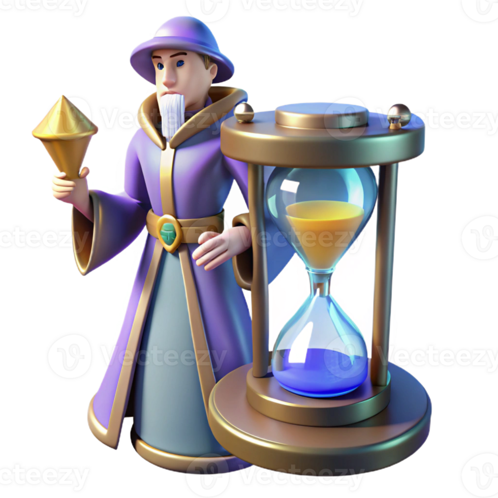 serene rustic Wizard with Hourglass 3D Render professional png