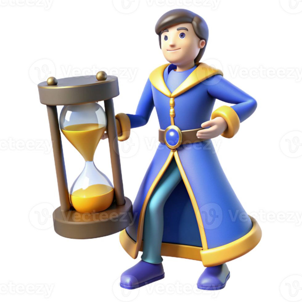 serene artistic 3D Cartoon Wizard with Hourglass authentic png