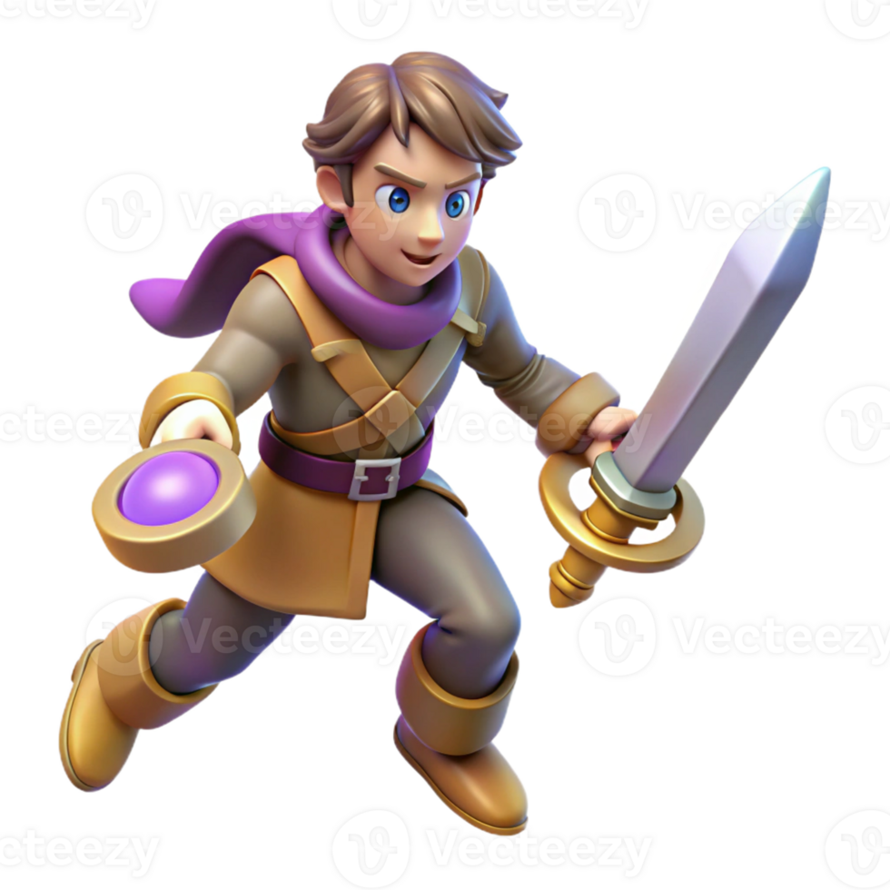 elegant minimalist 3D Render Young Adventurer with Sword high resolution png