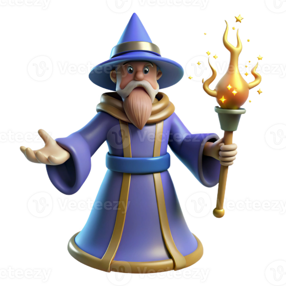 serene minimalist 3D Cartoon Wizard with Flaming Torch authentic png