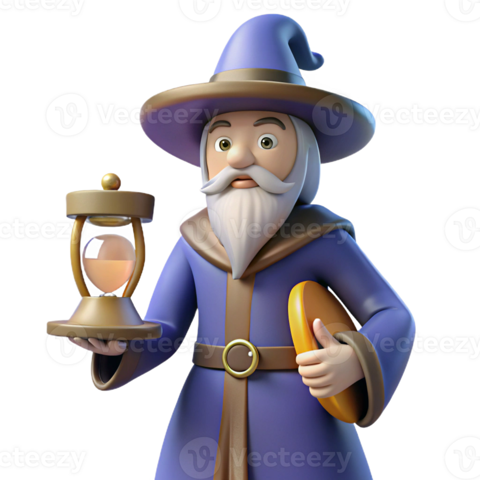 wonderful artistic Wise Wizard 3D Render Holding Hourglass original png