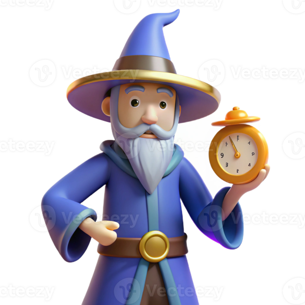 vibrant modern Wizard 3D Render Holding Clock 4K png