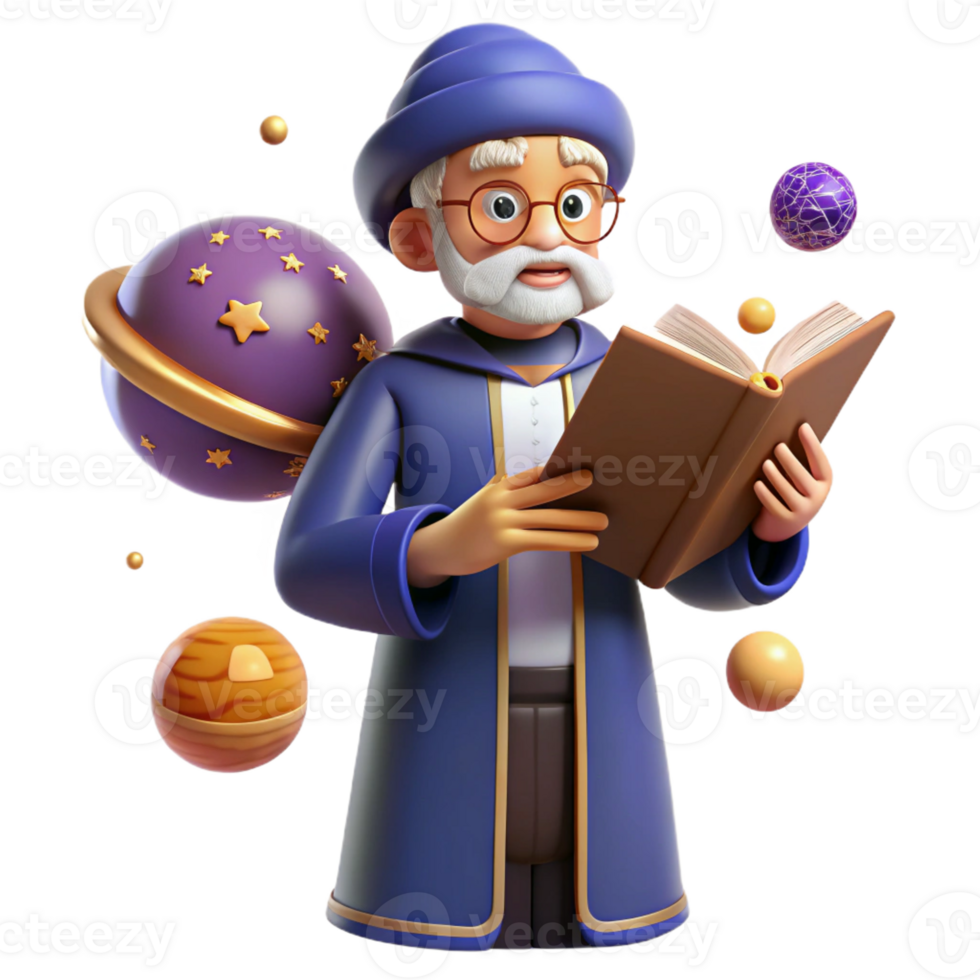 serene minimalist Wise Wizard 3D Render Studying Cosmic Book original png