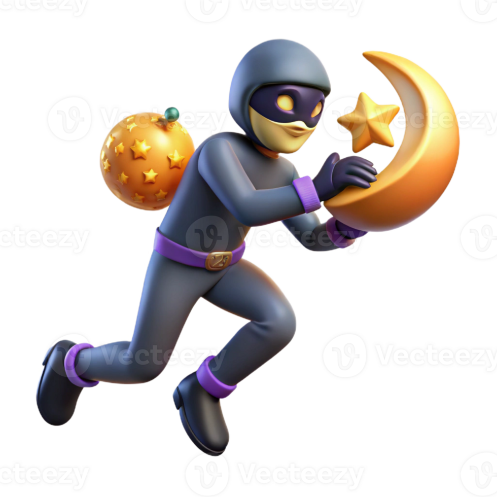 dramatic artistic 3D Render Night Thief Running with Moon and Star authentic png