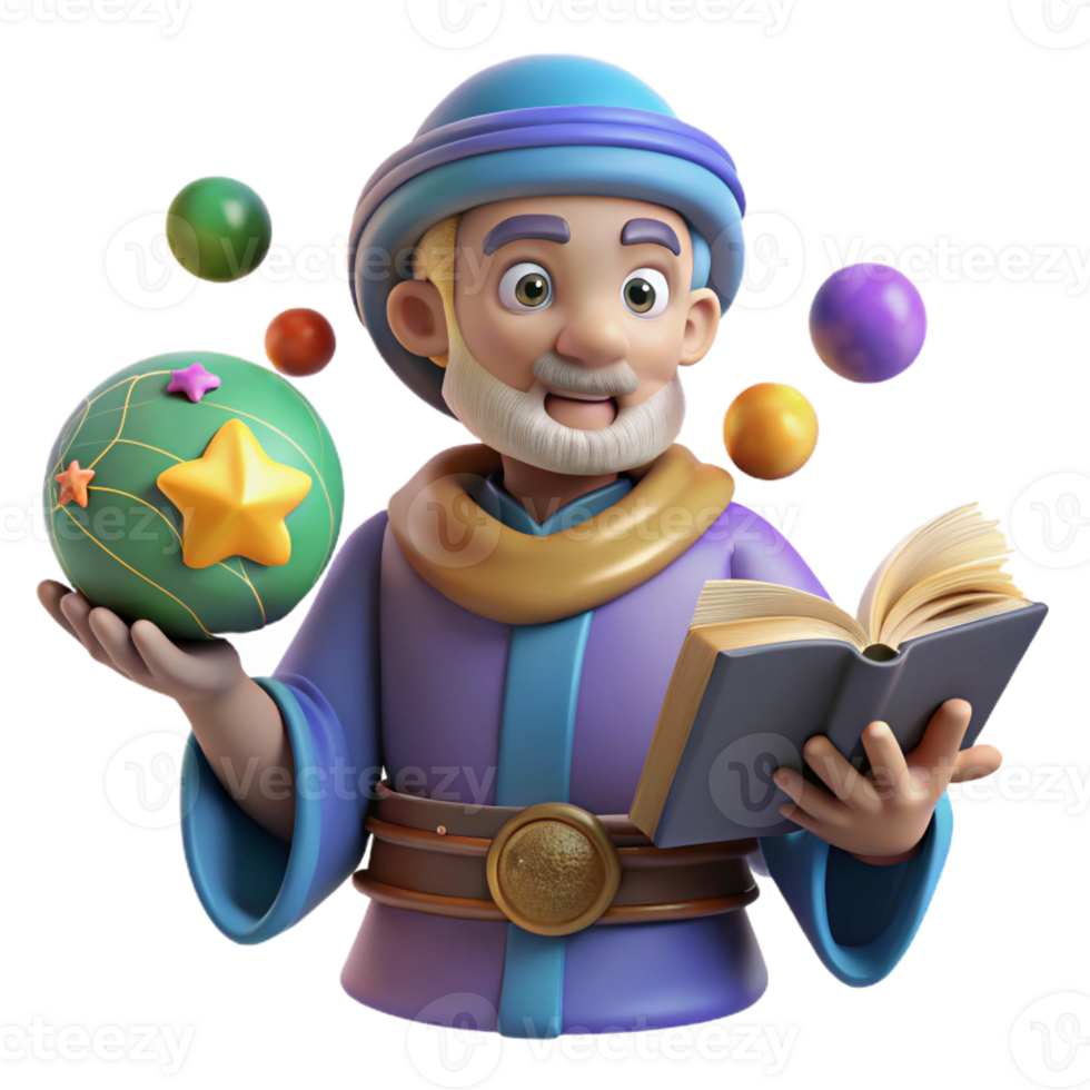elegant vintage 3D Illustration Wizard with Book and Magic high resolution png
