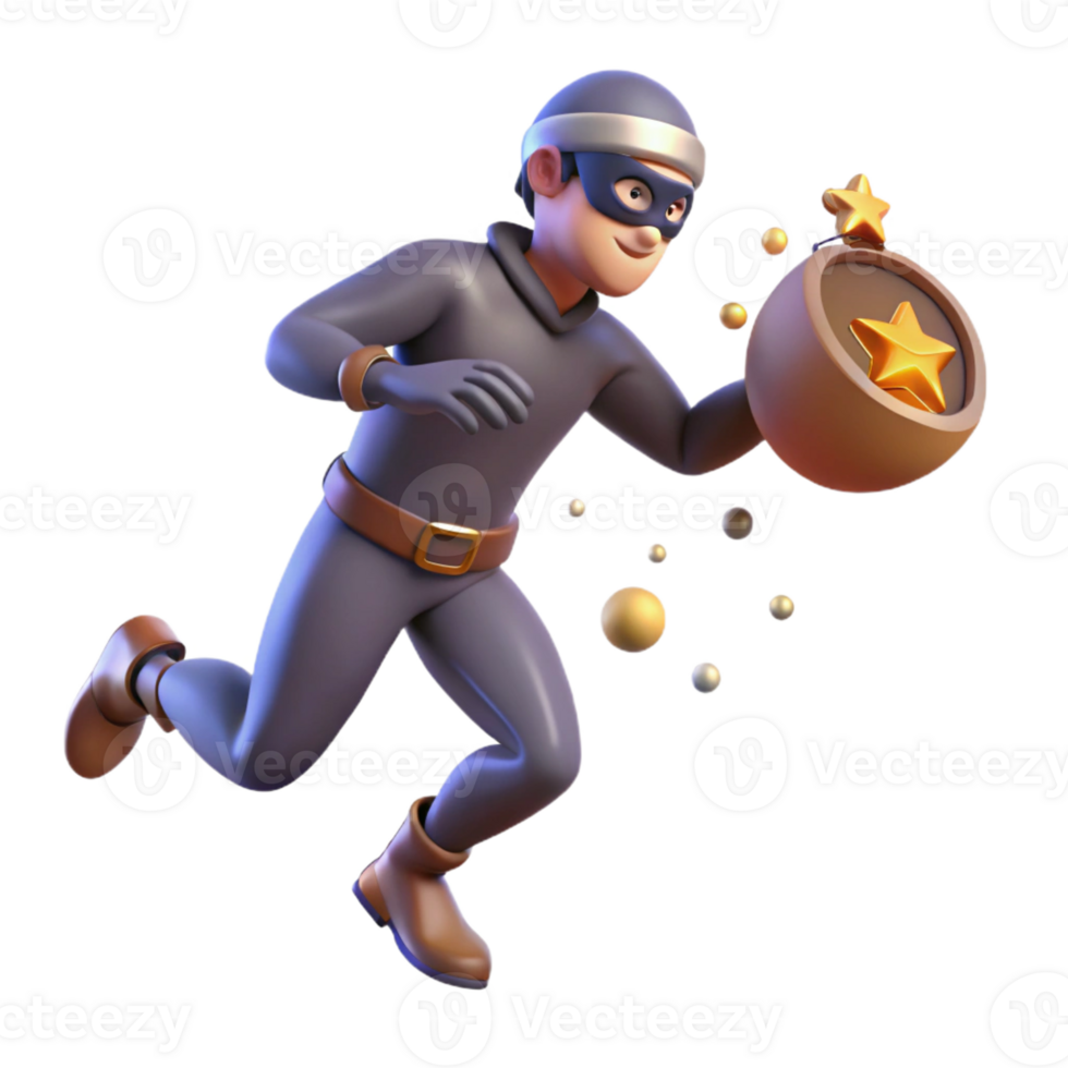 elegant rustic 3D Illustration Thief Running with Star Treasure 4K png