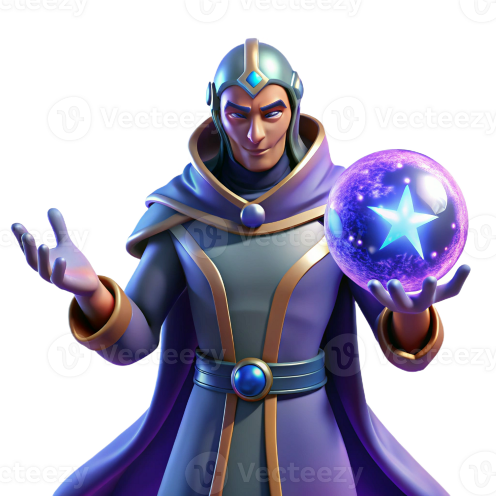 serene modern 3D Render Wizard with Magic Orb genuine png