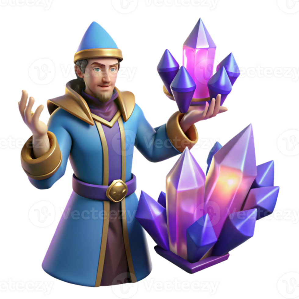 beautiful minimalist Wizard and Crystals 3D Render genuine png