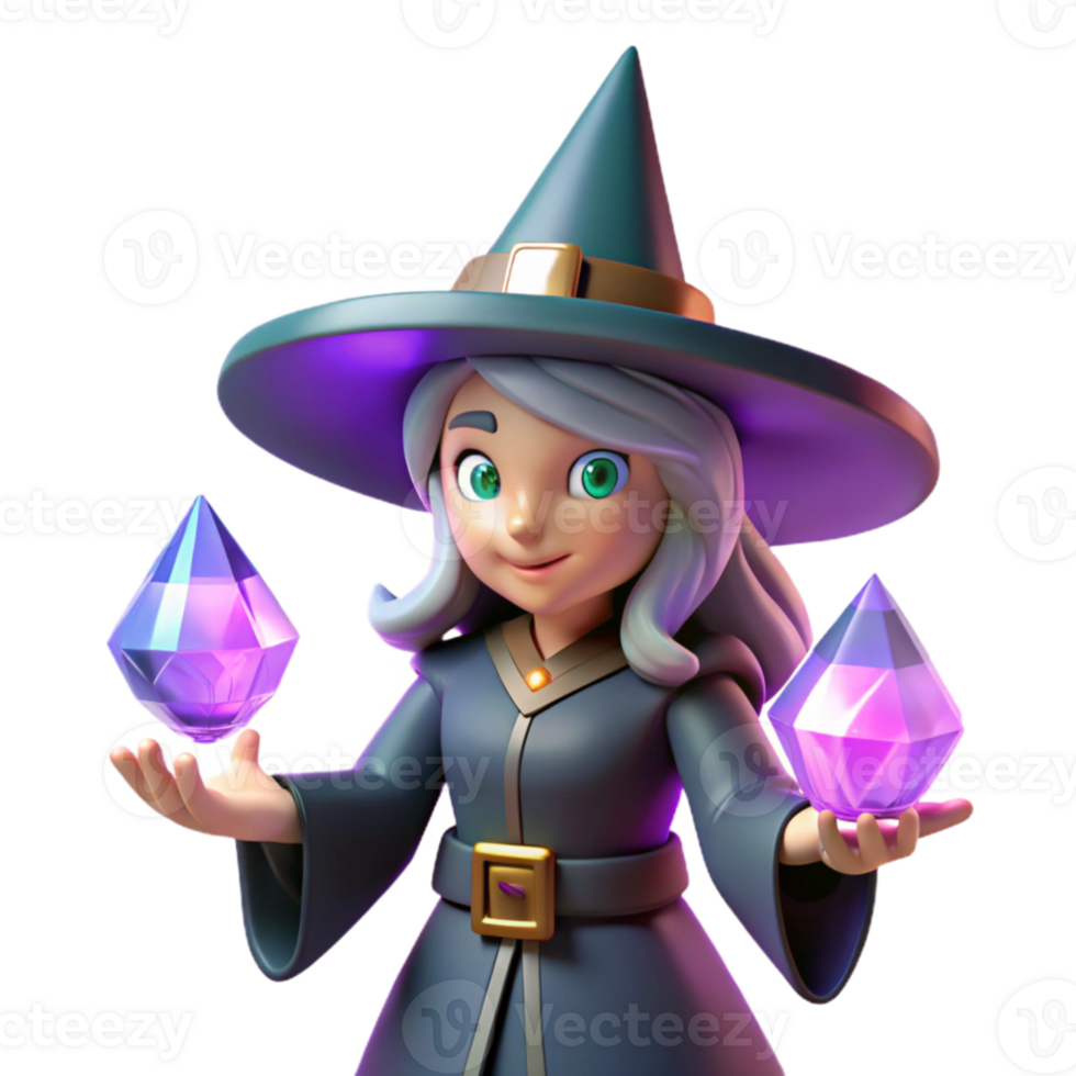 serene traditional Cute Witch 3D Render with Gems detailed png