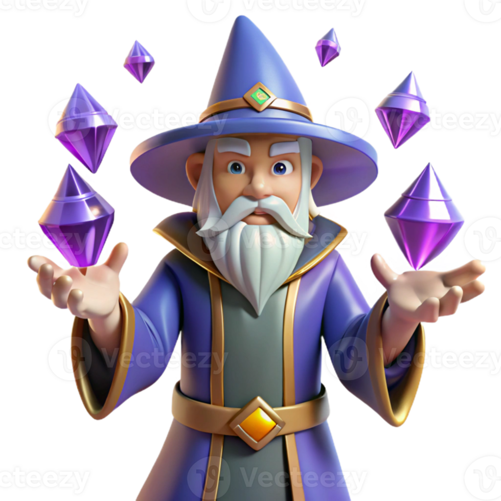 stunning artistic Wizard with Purple Crystals 3D Render detailed png