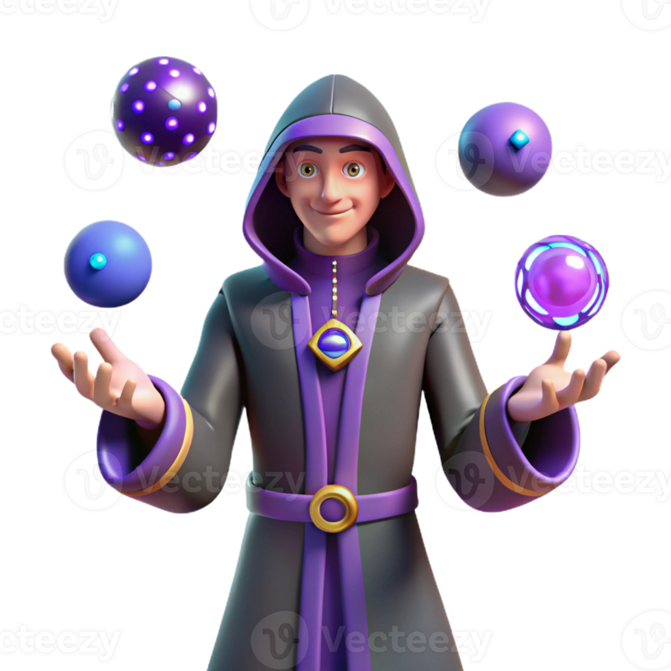 impressive modern 3D Cartoon Wizard Juggling Glowing Spheres exclusive png