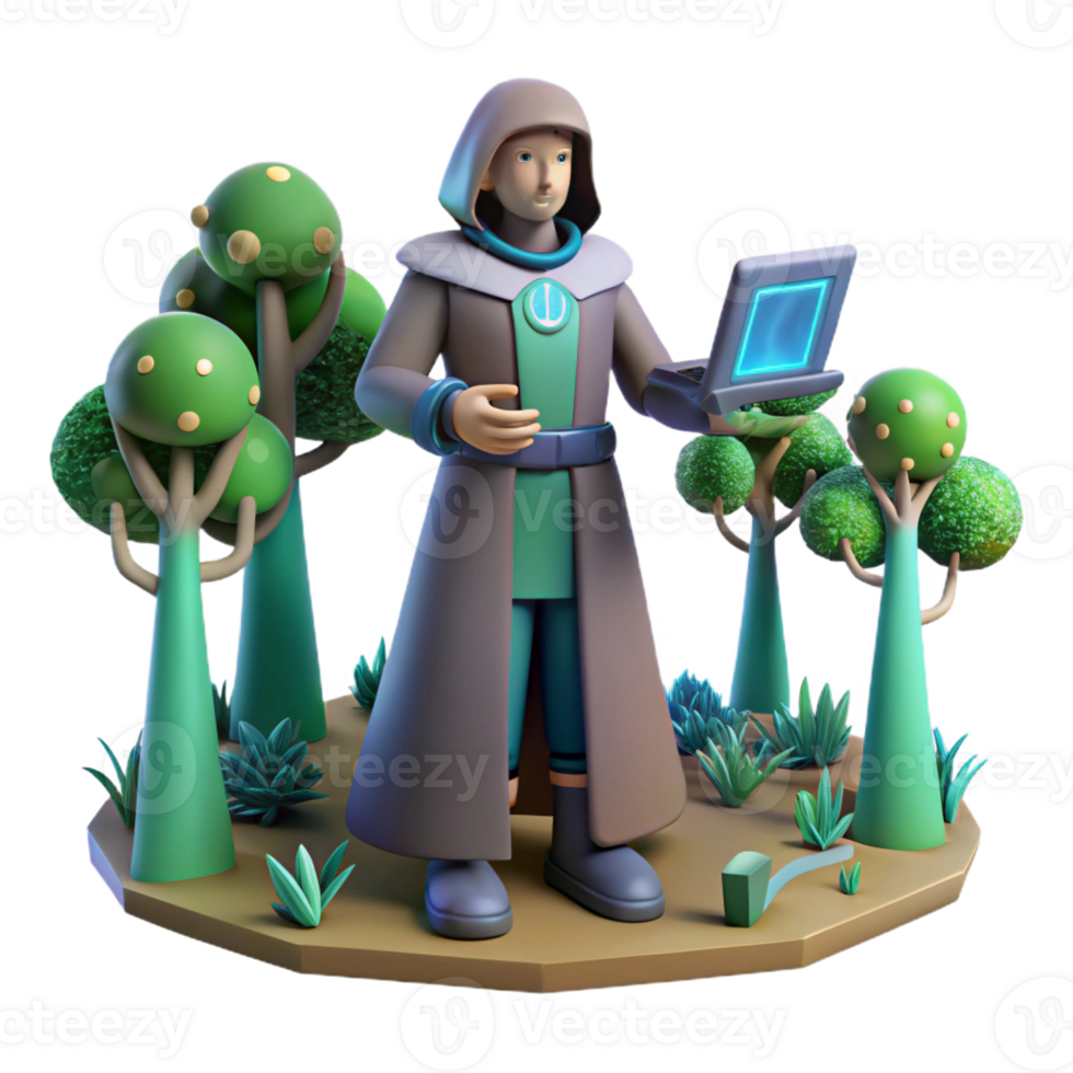 extraordinary traditional 3D Render Fantasy Wizard Laptop Nature 4K png