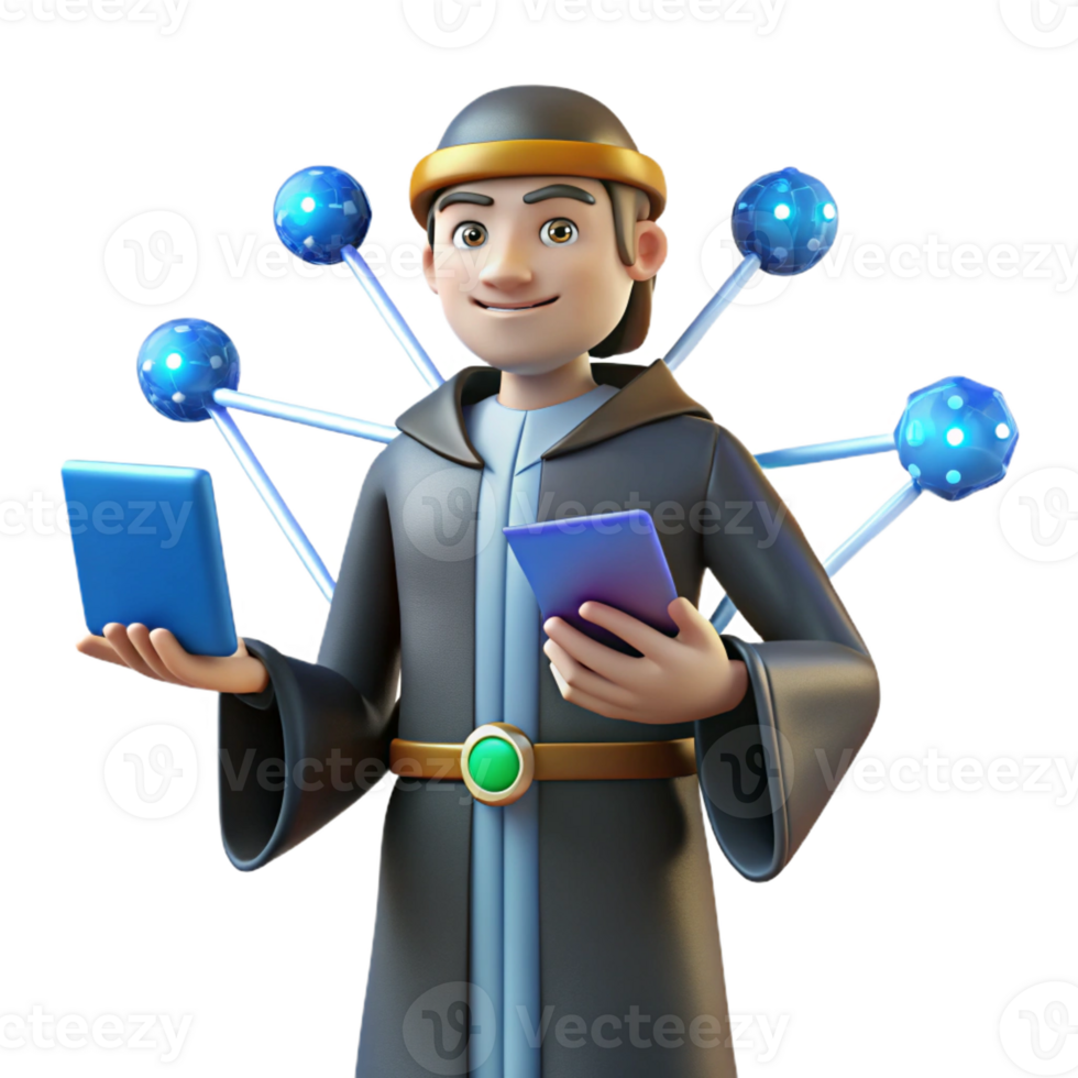 wonderful creative 3D Illustration Wise Man with Tablets and Network high quality png