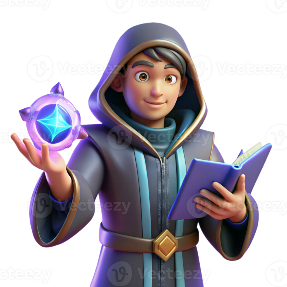 impressive rustic 3D Render Young Wizard Magic Orb Book authentic png