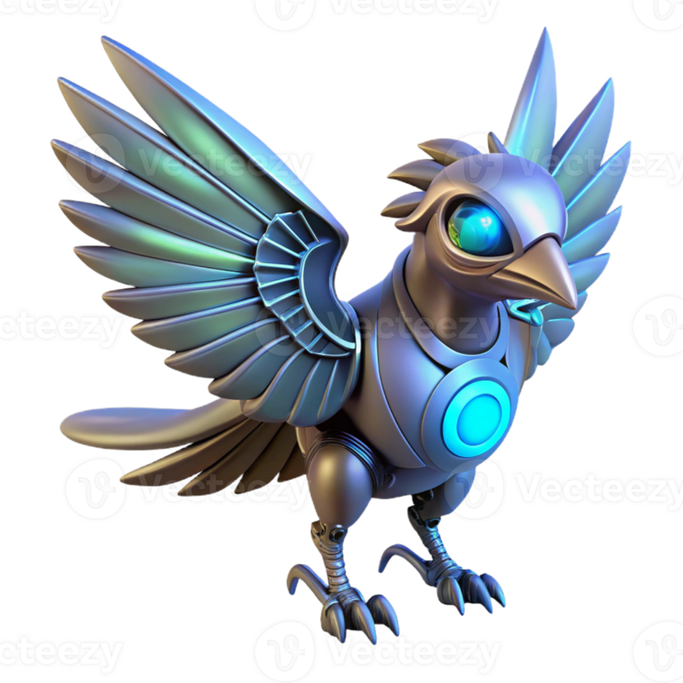 dramatic contemporary Metallic Avian Robot 3D Render genuine png