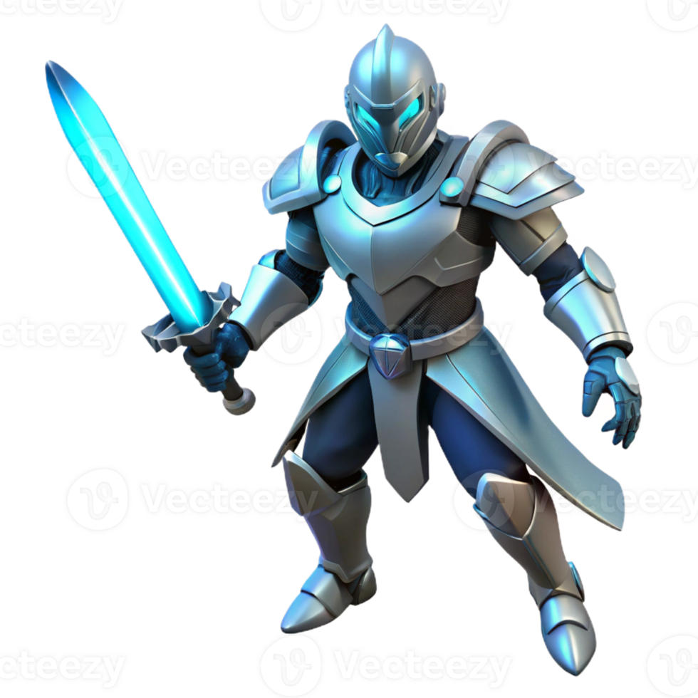 vibrant creative 3D Render Knight in Silver Armor with Glowing Sword 4K png