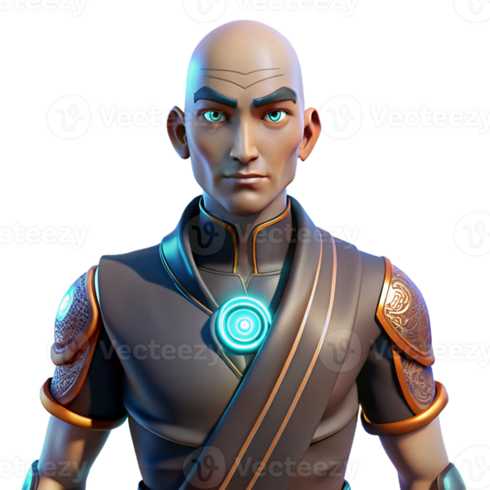 vibrant traditional 3D Render Bald Male Avatar, Futuristic Monk high quality png