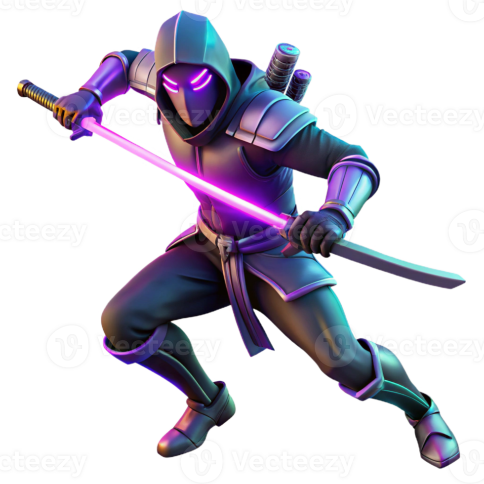 elegant minimalist 3D Render Ninja Warrior with Glowing Lightsaber original png
