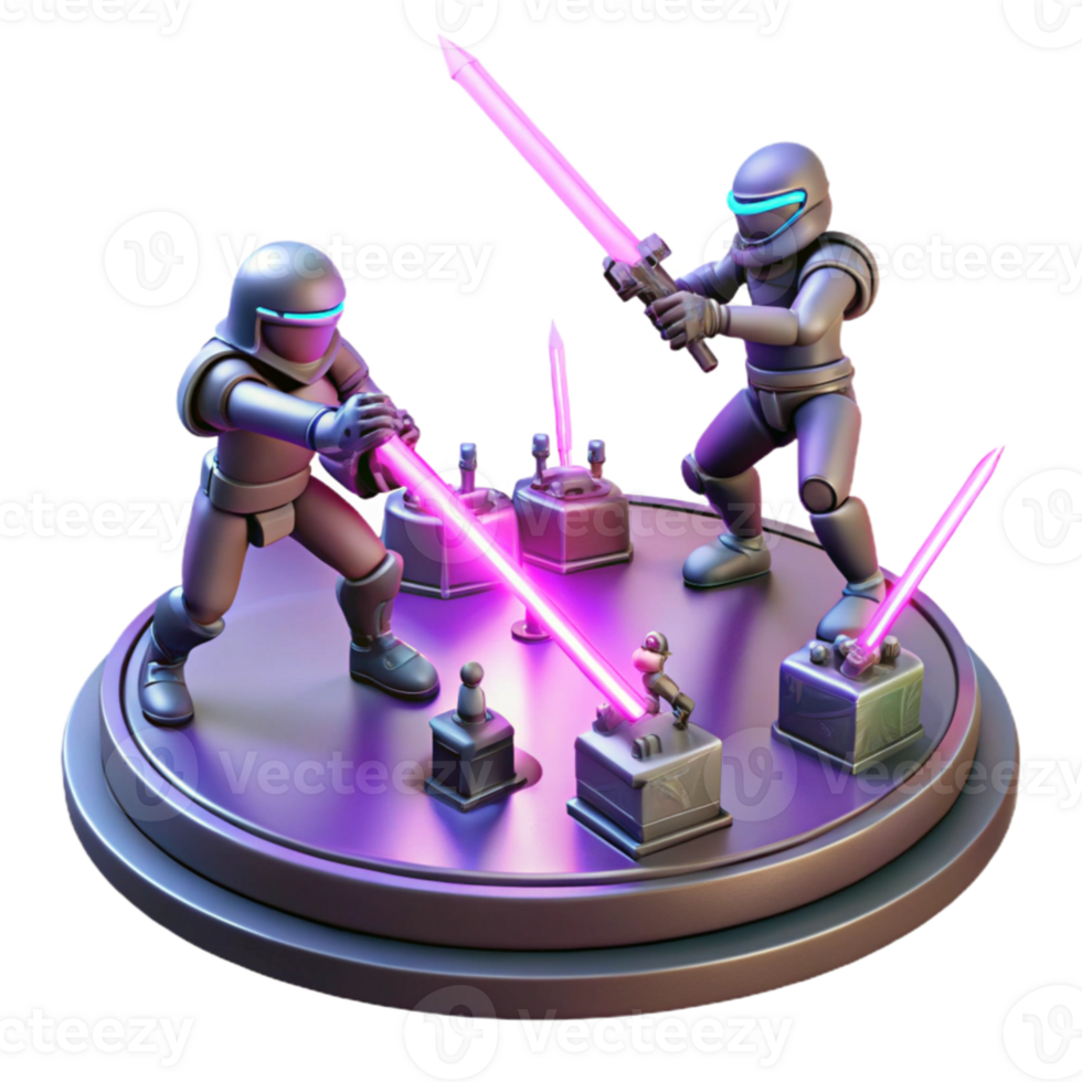 serene creative 3D Render Neon Robots Lightsaber Duel premium png