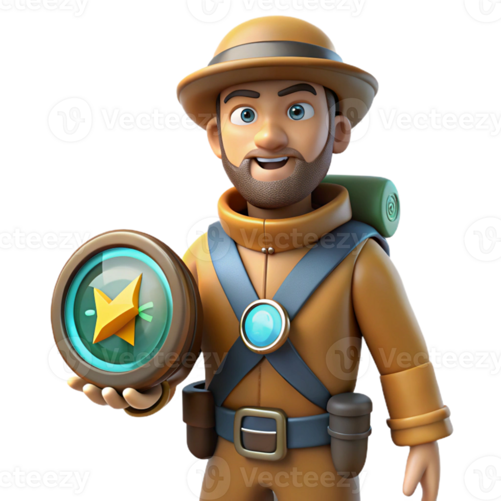 wonderful abstract 3D Cartoon Explorer with Compass Illustration high resolution png