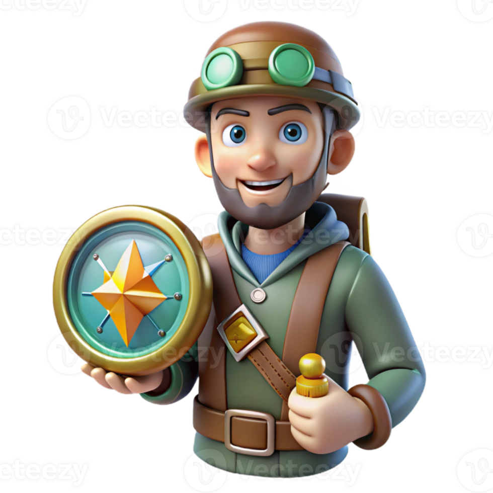 impressive contemporary 3D Cartoon Explorer with Compass Illustration premium png