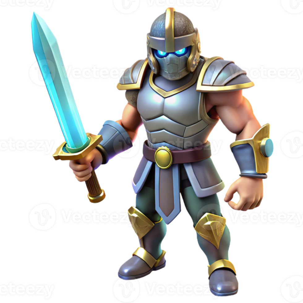 vibrant traditional 3D Render Mighty Warrior with glowing Sword 4K png