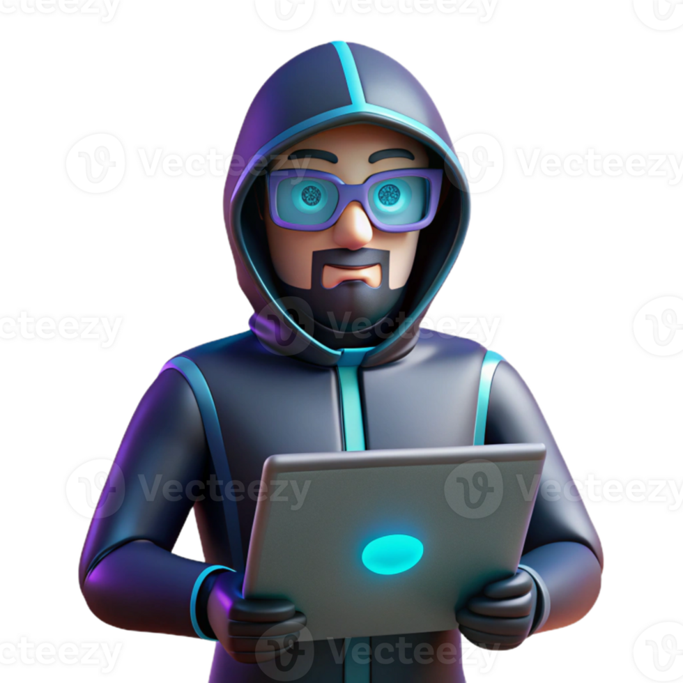 elegant artistic 3D Illustration Hacker in Hoodie with Tablet detailed png