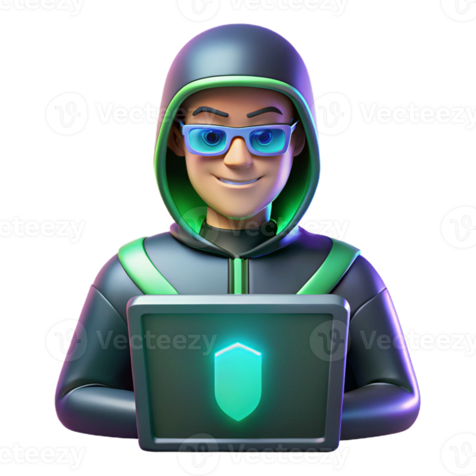 lindo rústico 3d ilustração hacker trabalhando em computador portátil genuíno png