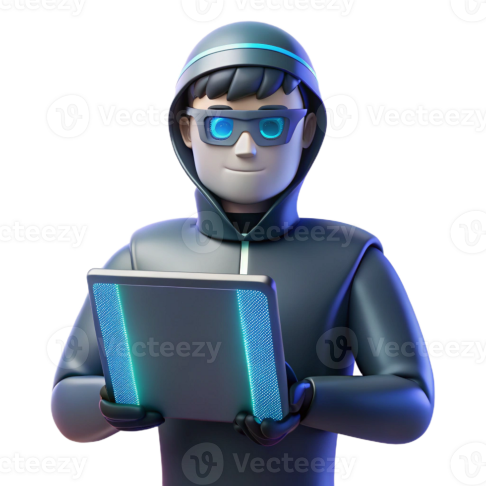 extraordinary minimalist 3D Illustration Hacker with Tablet 4K png