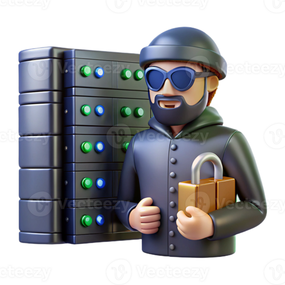 extraordinary creative 3D Illustration Hacker with Padlock near Server high quality png