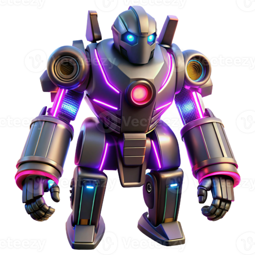 impressive rustic Neon Robot 3D Render 4K png