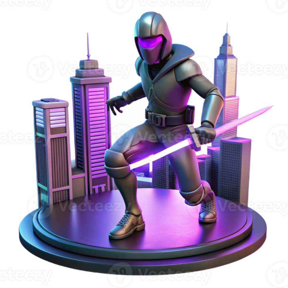 dramatic modern 3D Illustration Cyber Warrior Cityscape premium png