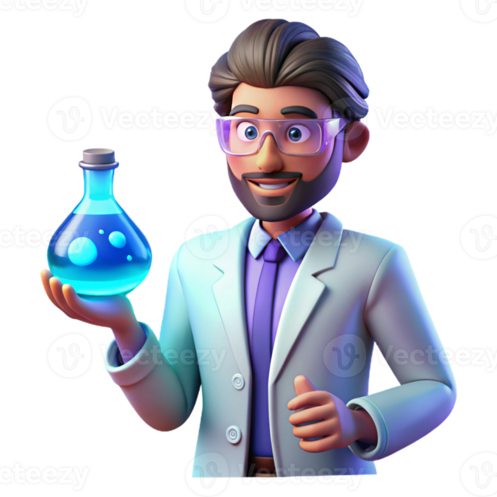 dramatic abstract 3D Cartoon Scientist Holding Beaker high resolution png