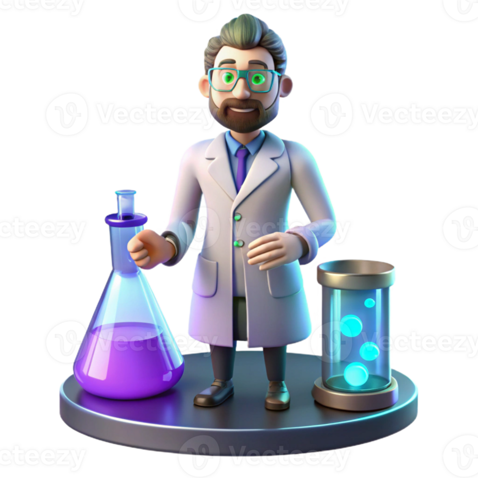 serene modern 3D Cartoon Scientist with Lab Equipment 4K png