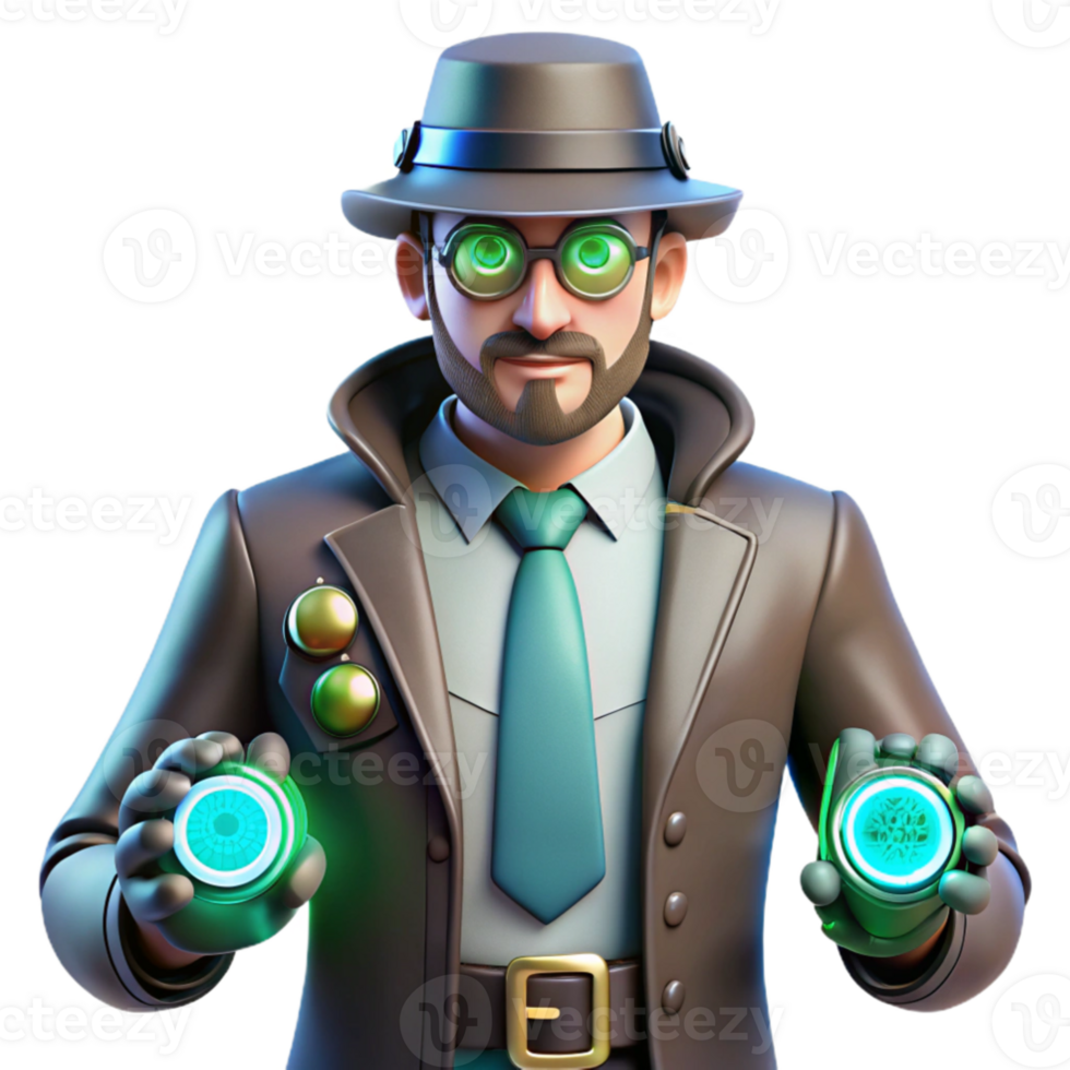 impressive rustic 3D Cartoon Detective with Glowing Gadgets high resolution png