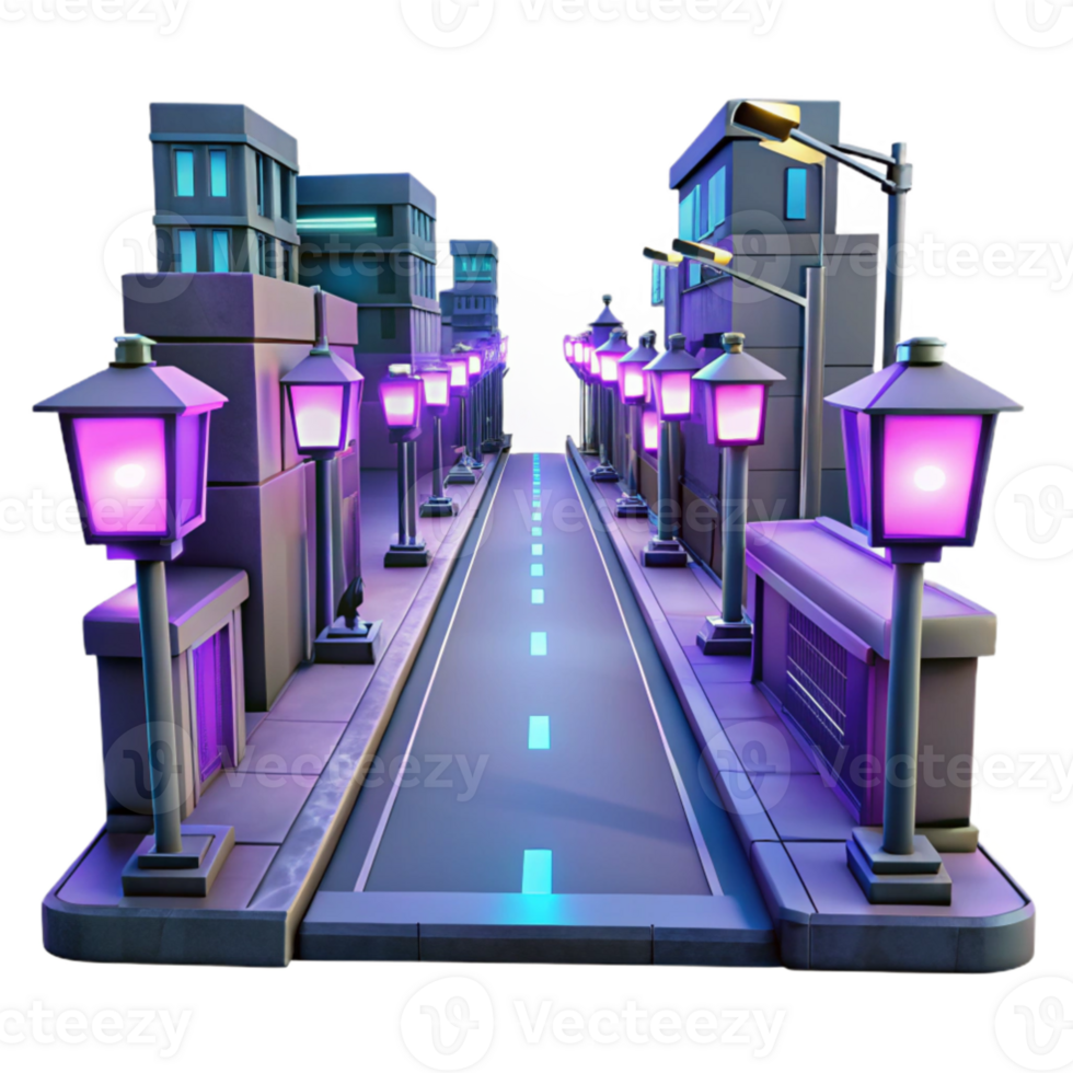 extraordinary minimalist Neon City Street 3D Render 4K png