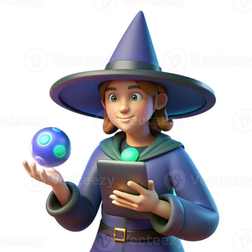 dramatic traditional 3D Render Witch with Tablet and Orb professional png