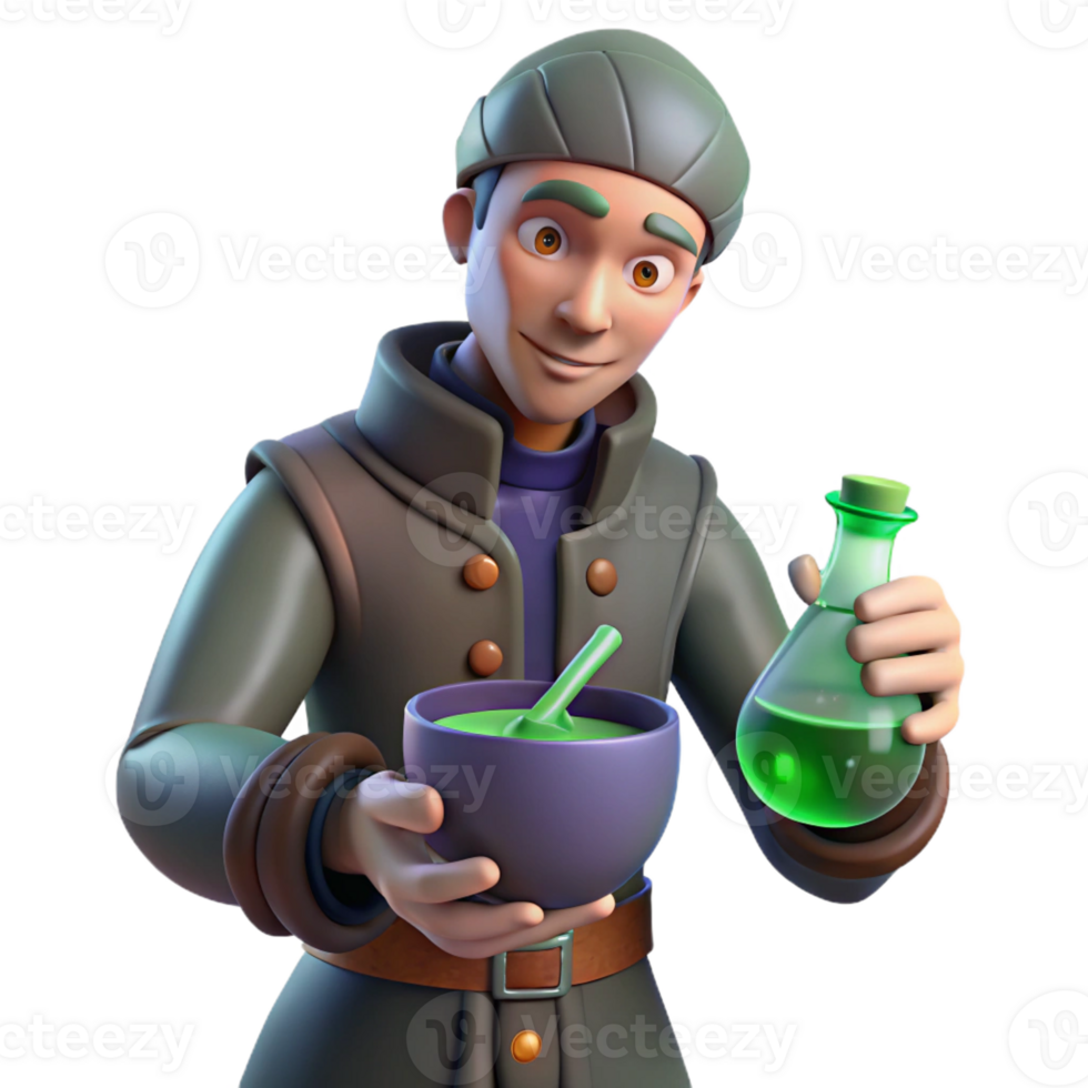 elegant artistic 3D Cartoon Alchemist with Potion premium png