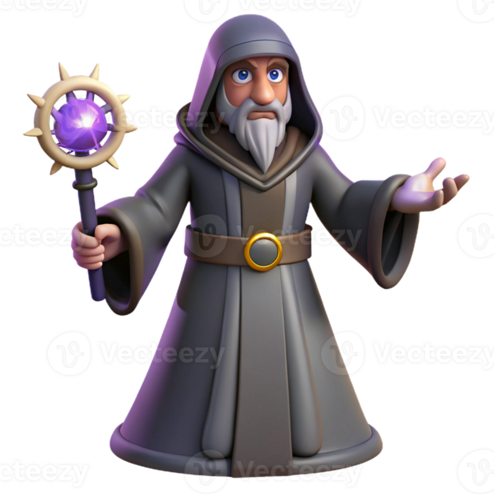 magnificent traditional 3D Cartoon Wizard with Staff premium png