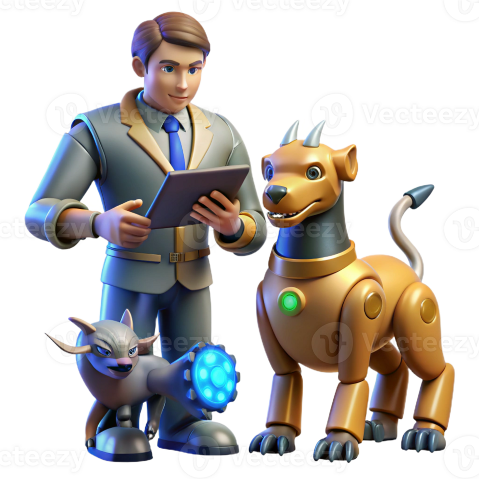 elegant rustic 3D Illustration Man with Robotic Dog and Cat high quality png