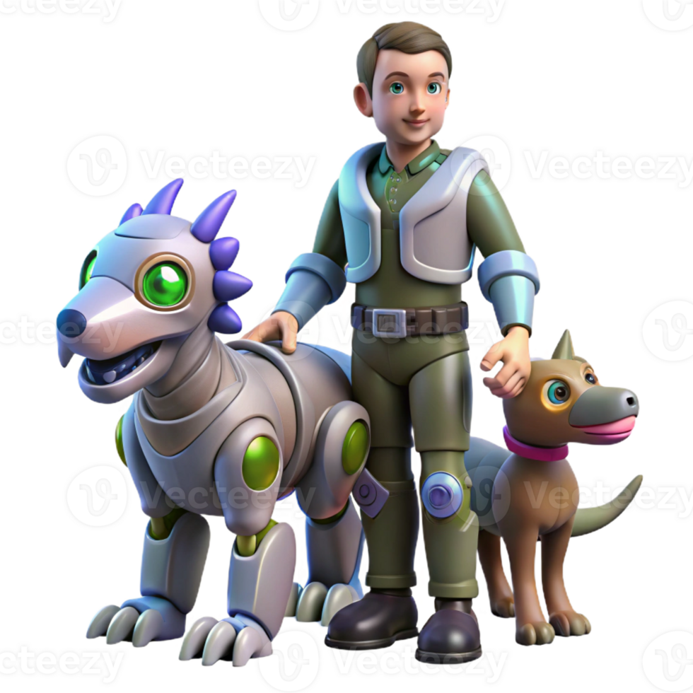 stunning classic 3D Render Boy with Robot and Dog high resolution png