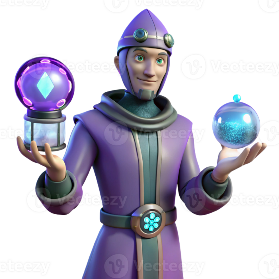 impressive rustic 3D Render Wizard with Glowing Orbs detailed png