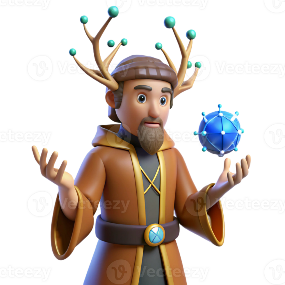 dramatic artistic 3D Render Wizard with Antlers and Orb premium png
